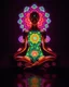 Placeholder: Woman sit down meditation pose full body all to the feet woman body painting flowers pattern painting art glowing in the dark vibrant fluorescent neon bright light colors,black room background