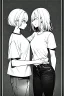 Placeholder: an fashionably dressed girl and another dressed in jeans and a T-shirt walk in the city, line arts, greyscale