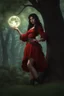 Placeholder: A young dark-haired witch in a red low-cut short skirt, standing under a tree, with a sword on her hip, glowing ball in her hand, photorealistic, delicate detail.