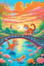 Placeholder: in the center: beautiful chunky cats dancing on a bridge , background: landscape, first plan: pink flowers and a small river with blue water, sky: orange clouds