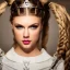 Placeholder: beautiful young queen with white armor, delicate white braided hair with ponytail, glass eyes, highly detailed, 8k, ambient light, taylor swift