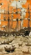 Placeholder: A light rosy orange colored bay with pirate ships and crystals painted by Jackson Pollock
