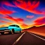 Placeholder: art deco, muscle car, desert road, sunset, full colour, hd,