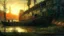 Placeholder: surreal and dreamlike, A close-up of a derelict ship rusting in a deserted harbor at sunset, with the sun casting a warm orange glow on the weathered hull and broken masts, surrounded by debris and overgrown weeds., saturated, pastel, dreamy atmosphere, liquid psychedelic