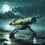 Placeholder: scifi machine gun turret, outside, rain, moonlight