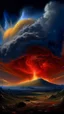 Placeholder: Back in time through a volcano,a time Machine in the parallel universe among the galaxies and the stars a big clouds of gas covering the sky from a distance Busch painting style nightmare