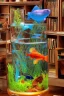 Placeholder: An aquarium glass cat shaped aquarium with fish, colorful fish, in an old style cozy library with a comfortable armchair to sit in and a large aquarium with fish, colorful fish