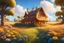 Placeholder: A bright, magical and inviting house made of wood in a golden honey hue. A magical field of flowers. Blue sky everything is very bright in the style of Pixar