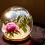 Placeholder: Cinematic shot of peonies inside a crystal lace globe, glass, crystal, linen, dewdrops, warm lighting, luxurious