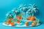 Placeholder: A light blue tropical island with fruit designed in Chinese paper art