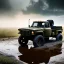 Placeholder: hyperrealistic shot, muddy military toy truck, monotone color palette, sharp focus, puddle reflection, tire water splash, refraction, mist on the horizon, shadowcast, detailed and intricate, cinematic composition, micro, tilt shift photography