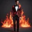 Placeholder: Hyper Realistic Flame-Patterned Tuxedo with maroon pant & black-formal-shirt with embers at night