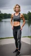 Placeholder: photography of a beautiful anorexic woman, anthracite satin triathlon top, sports illustrated, blond short wavy bob haircut, pronounced sternum, flat chest, anthracite short leggins