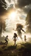 Placeholder: random women in forest in background. Sunlight through clouds. Giant Nephilim holding a beautiful girl in his hands and other women running away from the giant Nephilim