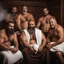 Placeholder: close up photography of a group of turkish and marocan 42 years old ugly chubby muscular men embraced, manly chest, covered with the towel at the hip, long beard, shaved hair, photorealistic, manly legs, manly arms, sitting in a steamy sauna, clouds of steam, side light