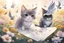 Placeholder: two cute anime chibi cats on either side of the picture looking at a pigeon in the top centre of the picture, flying with an envelope in its mouth in sunshine, flowerfield, watercolor and black ink outlines, ethereal, cinematic postprocessing, bokeh, dof