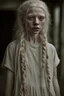 Placeholder: Emotive photographic image - stunningly beautiful, 15 year old albino girl chechen facial features anorexic. sickly, pale skin. blotches on skin. wild, very long, floor length, wavy wispy ghostly white hair in messy braids. ghostly white eyebrows and ghostly white eyelashes. lovely face, sculpted cheeks. beautiful, succulent, pale lips. barefooted. cinematic dynamic masterpiece, hyper realistic film still, beautifully detailed, soft lighting, ethereal, sparkle, beautifully lit, dramatic lighting