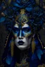 Placeholder: Beautiful faced lady portrait wearing decadent baroque shamanism floral blue, golden gradient headdress, under decadent style in the rain, wearing decadent shamanism dark goth chain beads lace effect costume organic bio spinal ribbed detail of decadent baroque dark goth half face masque, floral background extremely detailed hyperrealistic maximálist portrait art