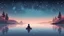 Placeholder: vector graphic of a boy sits on the edge of a cozy mist lake where the sky is filled with stars