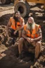 Placeholder: aerial top view shot photography of two ugly 40 year old beefy big robust burly arab carpenters relaxing in the mud, dirty and wet, wearing bulging shorts, tank top, hairy chest, serious, very virile, long beard, curly hair,, , in a sunny construction work area, photorealistic , photorealistic