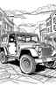 Placeholder: coloring page, car Jeep alternative parked on the asphalt street, cartoon style, thick lines, few details, no shadows, no colors, centered in the image