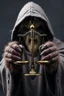 Placeholder: A scary hairy hands of a hooded creature holding the Scale Of Justice ,