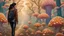 Placeholder: woman with black hair in a ponytail, in light brown leather trousers and jacket, walking through a forest of colourful Alien mushrooms with jellyfish tentacles, photorealistic, Intricate Detail