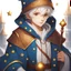 Placeholder: 4K, Fantasy World, A boy only wearing a closed wizards robe, and wearing a wizards hat. White Hair. Golden Eyes with no pupils.