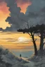 Placeholder: Teen Titans Go episode. A soft-focus image of the golden sunset casting a warm glow after the rain, create in inkwash and watercolor, in the comic book art style of Mike Mignola, Bill Sienkiewicz and Jean Giraud Moebius, highly detailed, gritty textures,