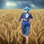 Placeholder: theresa may as a robot, running through fields of wheat, sunshine, daytime, dystopian