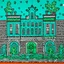 Placeholder: A mint colored fortress in a thunderstorm painted by Keith Haring