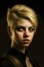 Placeholder: Portrait of a female fantasy half-orc, short blonde hair, Caravaggio style