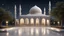 Placeholder: Hyper Realistic Beautiful-Decorated-Huge-Grey-Brick-Mosque with white-marble-flooring & Beautiful-Lighting-Decorations at night with stars on sky & beautiful trees