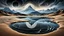 Placeholder: Abstract Landscape with surreal iced desert, mountains, iced water, reflections, sharp lights and shadows . The scene features circles, lines and ovals, all enhanced by overlapping, adding depth and dimension. In the scene old bones lying in sand in the right side. The sky is dramatic, filled with swirling dark clouds , creating an intense atmosphere. The color palette consists of rich, deep hues, watercolor and dark ink, like a dark dream