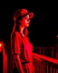 Placeholder: woman with a red baseball hat. leaning on a wooden balcony. night time. fantasy. medieval.