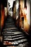 Placeholder: an old narrow and meandering stepped street in a picturesque town, the steps of the street are made of dirty old black and white (piano keyboards:1.6), watercolor over photography, tint leak, ink leak, colors of rust and warm grey and dirt of age, aged peeling walls, sad vibe