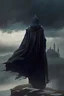 Placeholder: a back turned single male cloaked and hooded, wearing dark long robes floating with arms spread wide above a medieval keep, cloudy day