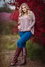 Placeholder: beautiful 18 year old girl with ash blonde hair and blue eyes with her curvy hair down, wearing a long-sleeved woollen top, and lilac long leggings, with long red boots full body shot