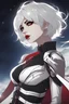 Placeholder: Pale Woman with short white hair, red eyes, scar over eye, silver and white futuristic corset, wearing a skirt and thigh boots, smirking, smug, night sky background, RWBY animation style