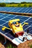 Placeholder: Spongebob lying on a solar panel, sunbathing, sunglasses on, towel on his legs, solar farm in the background