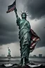 Placeholder: the statue of liberty, dress dirty and torn, her face solemn and terse, trash littered at her feet, she holds a crumpled american flag as she walks away, back to the viewer, under a dark and dreary sky