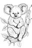 Placeholder: Draw fluffy koala sitting in a tree with a cute pouch., clean line art, white background, no shadows, black and white coloring book.
