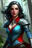 Placeholder: create an adult female air genasi from dungeons and dragons, black medium hair, light blue eyes, light blue skin, wavy hair, wearing red leather clothing, very realistic, full body, digital painting, high resolution, forest background, a bit zoomed out