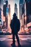 Placeholder: #image shadow guy in New York year 2100 on the street with winter clothes and sunglasses with future time square and a sunset in the background for iPhone wallpaper