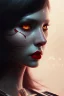 Placeholder: Woman, cute, beautiful, white eyes, red lips, black hair with bangs, goth, close up portrait by Greg Rutkowski