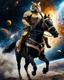 Placeholder: Realistic photography take photoshoot from far,front view of a humanoid warrior tiger wearing clothing armor golden ,on riding a black horse , flying in space, on galaxy surrounded by planets