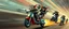 Placeholder: hi speed rocket ship on leaning scooter in a swing, coated rat gremlin captain in high speed pursuit among neon spy vs spy rat cyber soldiers, with background motion blur, airbrush and pen outline