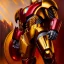 Placeholder: fullbody portrait in oil on canvas of Ultron Villain with Big Golden and Red Hulkbuster armor, intense stare, masterpiece, realistic, intricate detail, sci-fi fantasy style, volumetric lighting, particles, highly detailed ,cinematic , deep colours, 8k, by Kaare Andrew and Robert E Howard and Ken Kelly