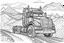 Placeholder: truck monster in the middle of the highway around the hill. Outline, sketch style, only use outline, mandala style, clean line art, white background, no shadows, no clear wall, coloring page, vector style.