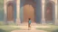 Placeholder: A closed magic portal, in front of which stands a boy with brown hair, a blue shirt and beige shorts